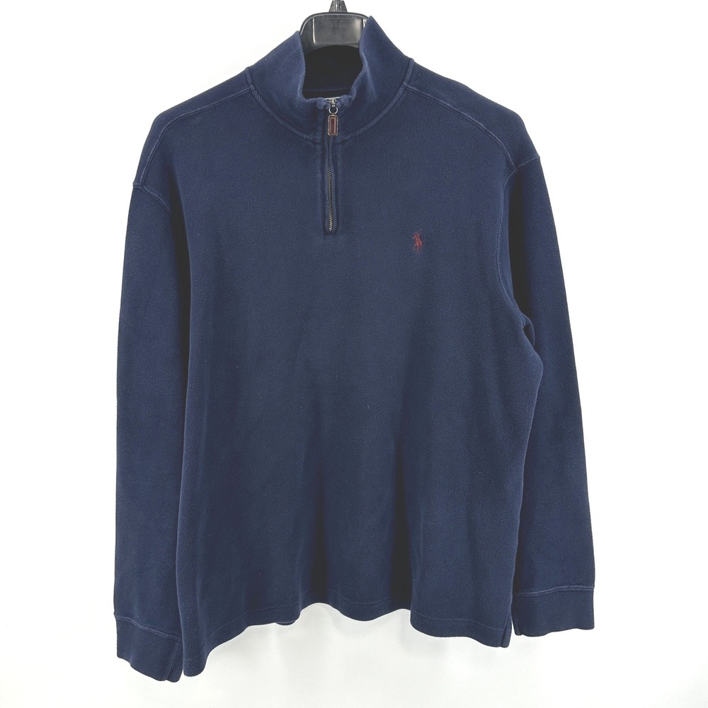 Polo Ralph Lauren Pullover Men XL Navy Blue Solid Regular Fit Quarter Zip Vtg